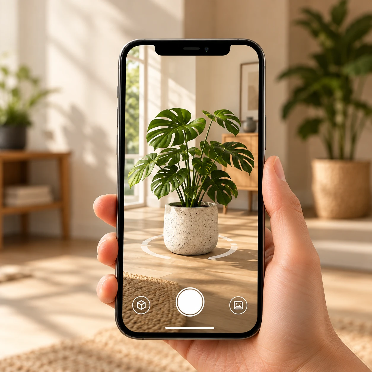 Phone showing an augmented reality plant placed in a living room.