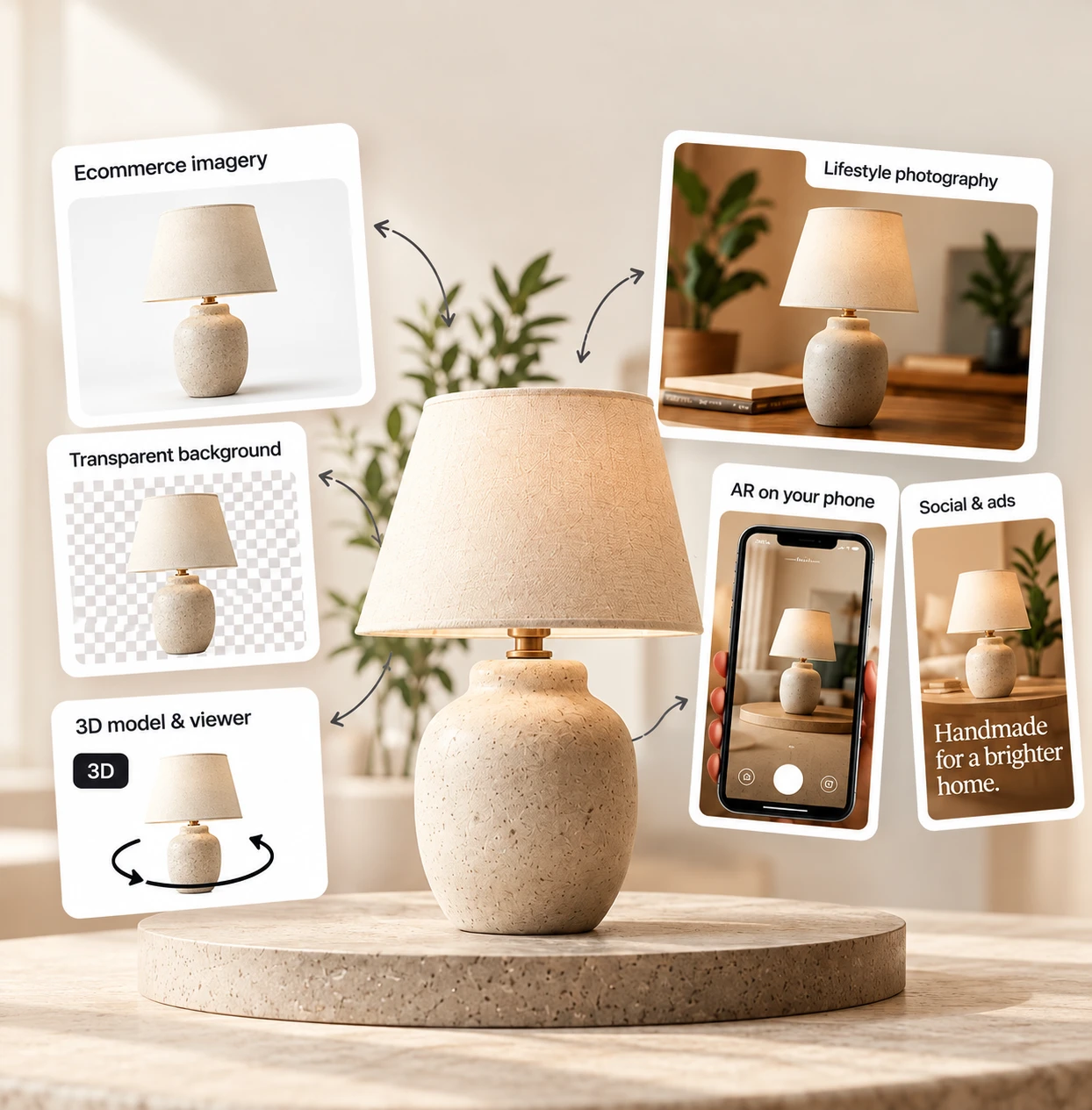 A physical product transformed into ecommerce imagery, lifestyle photography, interactive 3D, AR, and social content.