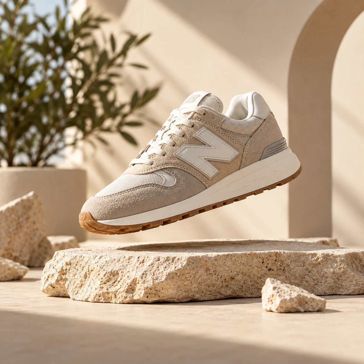 Neutral sneaker styled in a warm lifestyle scene.