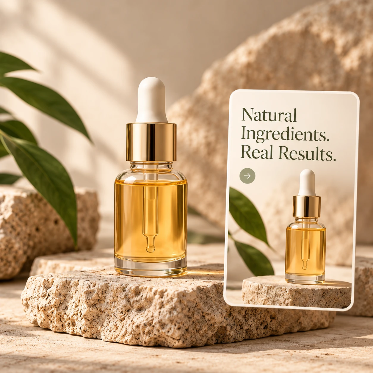 Skincare serum presented as polished social advertising creative.